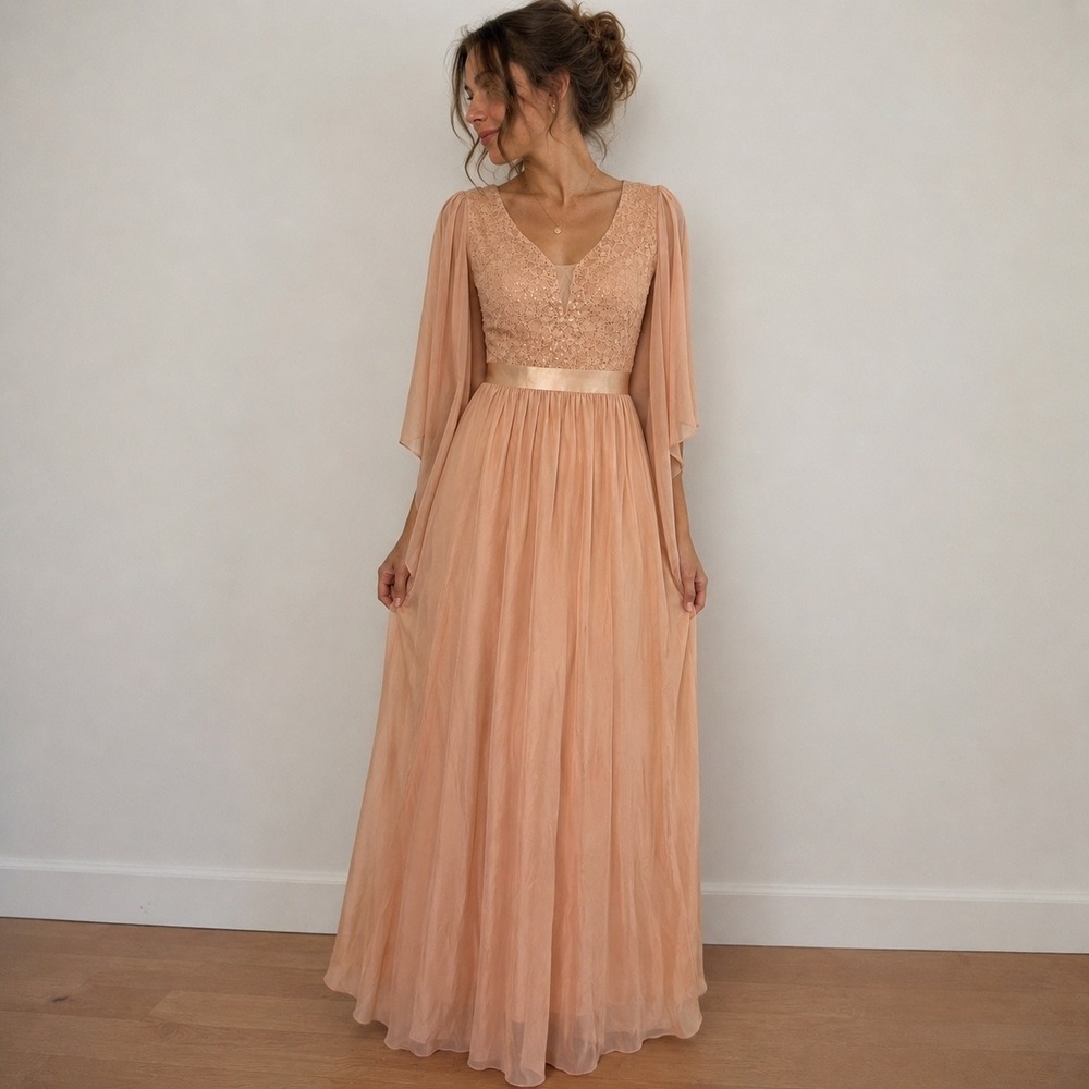 Miusol Champagne Pink Lace Sequin Maxi Dress Angel Sleeve Medium Fairycore